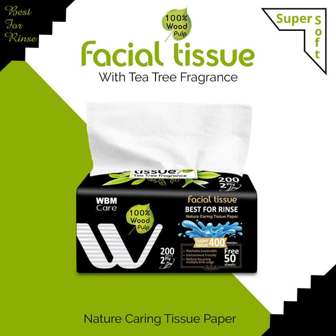 WBM Care Professional Facial Tissue with Tea Tree Fragrance, (Pack of 12) 200 Sheets per Box, Soft and Refreshing Tissues