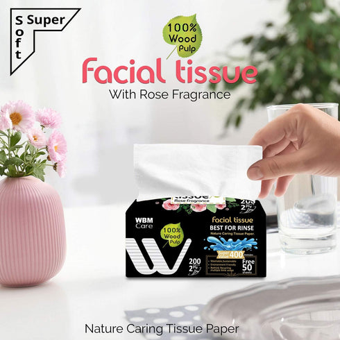 WBM Care Professional Facial Tissues with Rose Fragrance - (Pack of 12) 200 Sheets per Box, Ultra-Soft, White Tissues for Gentle Care