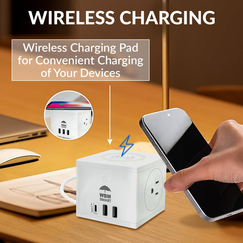 WBM SMART Power Strip Cube, 10A Surge Protector Wireless Charger Station, 2 AC Outlets, 2 USB Ports & Type C Plug