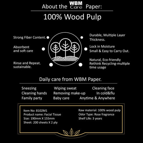 WBM Care Professional Facial Tissues with Rose Fragrance - (Pack of 12) 200 Sheets per Box, Ultra-Soft, White Tissues for Gentle Care