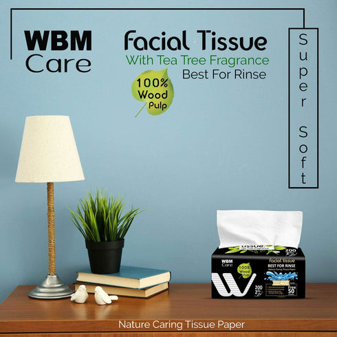 WBM Care Professional Facial Tissue with Tea Tree Fragrance, (Pack of 12) 200 Sheets per Box, Soft and Refreshing Tissues
