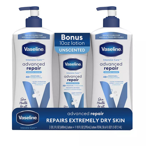 Vaseline Intensive Care Advanced Repair Unscented Body Lotion, 2 Pack with Bonus 10 oz