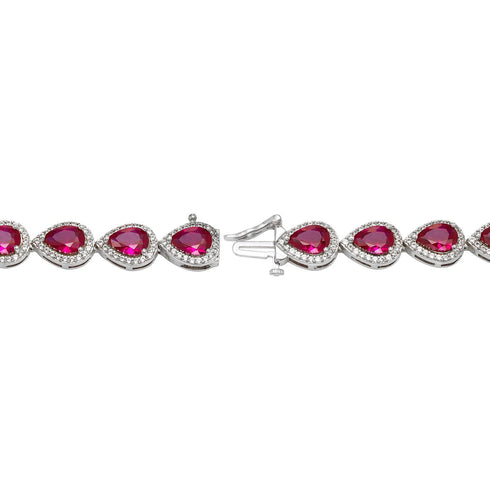 Pear Cut Lab Created Gemstone Halo Tennis Bracelet in Sterling Silver