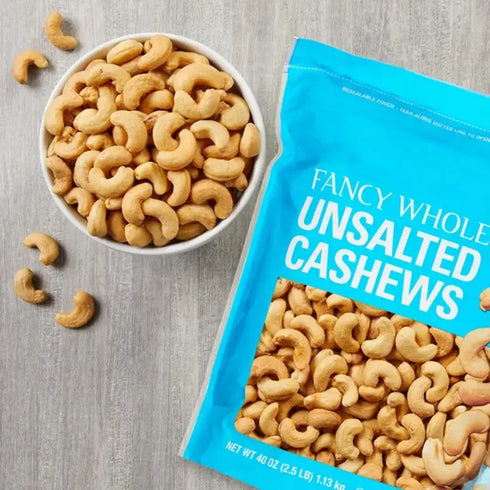 Fancy Whole Cashews, Unsalted, 2.5 lbs - Premium Roasted Snack Bulk Bag, Perfect for Snacking, Cooking, Baking, Salads, Desserts, Resealable Pouch for Freshness, Large Crunchy Cashew Nuts for Sharing or Daily Use