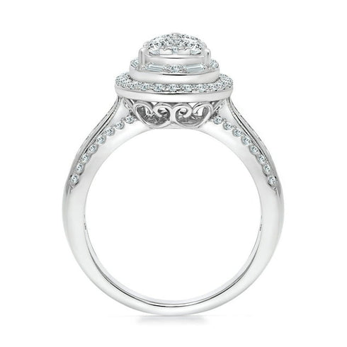 0.95 Carat Pear Shaped Halo Cluster Diamond Ring in 14K Gold