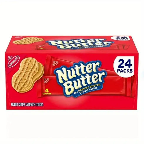 Nutter Butter Peanut Butter Sandwich Cookies, Family Size, 24 Pack - Crunchy Peanut-Shaped Treats with Creamy Filling, Perfect for Sharing, Snacking, or Dipping in Milk, Sealed for Freshness in Every Pack