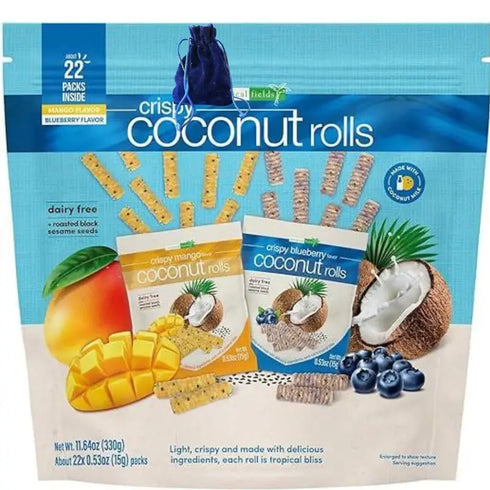 Tropical Fields Crispy Coconut Rolls Variety Pack, 0.53 oz, 22 Count – Coconut Snack Made with Real Coconut Milk, Light & Crunchy Rolled Wafers