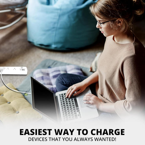 WBM Smart USB Plug Extension Cord, 3 AC, 2 USB Sockets & C-Type