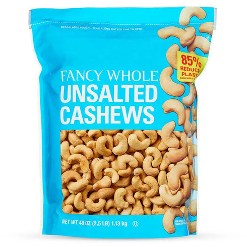 Fancy Whole Cashews, Unsalted, 2.5 lbs - Premium Roasted Snack Bulk Bag, Perfect for Snacking, Cooking, Baking, Salads, Desserts, Resealable Pouch for Freshness, Large Crunchy Cashew Nuts for Sharing or Daily Use