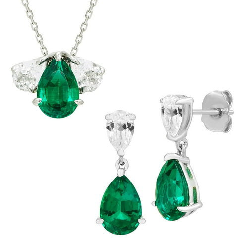 Pear Cut Lab Created Gemstone Earring and Necklace Set in Silver