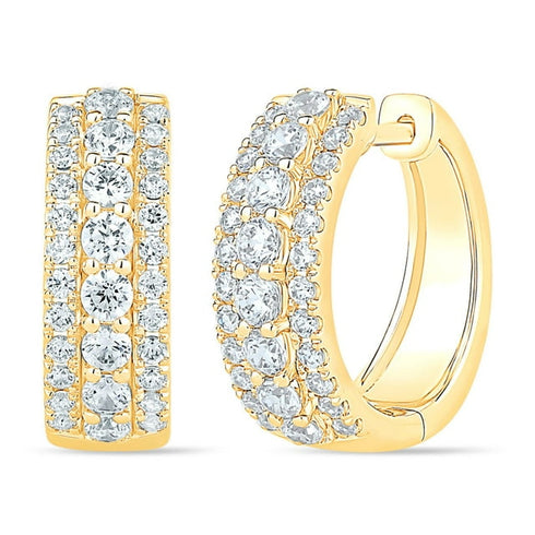 1.00 CTW Three Row Diamond Huggie Hoop Earrings in 14K Gold