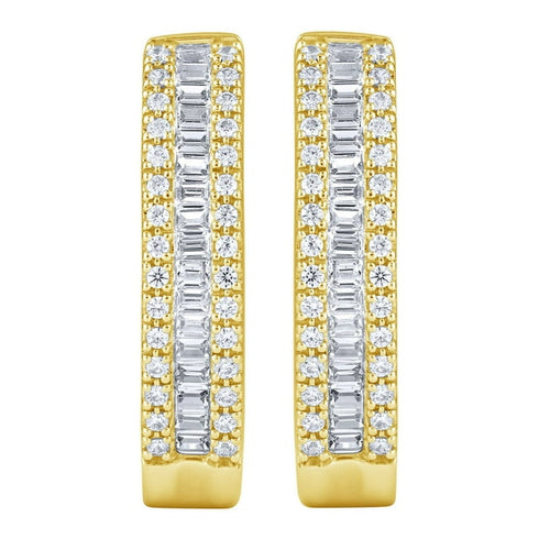 0.46 Carat Baguette and Round Cut Diamond Hoop Earrings in 14K Gold
