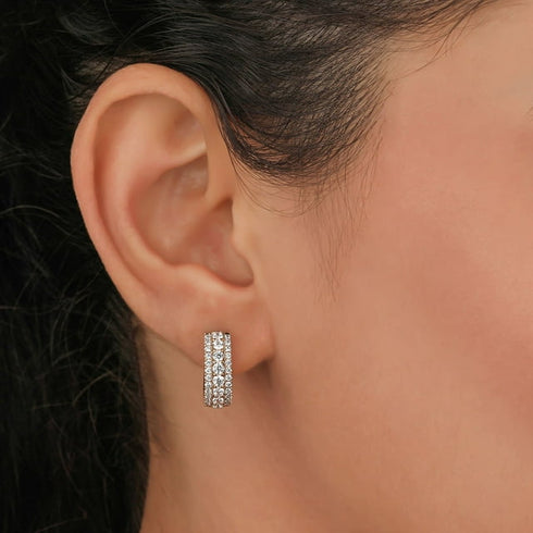 1.00 CTW Three Row Diamond Huggie Hoop Earrings in 14K Gold