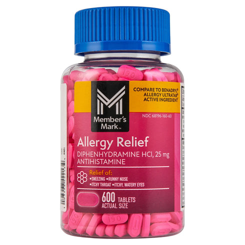 Member’s Mark Allergy Relief Tablets 25 mg Diphenhydramine HCl, 600 ct. | Fast-Acting Relief for Sneezing, Runny Nose & Itchy Eyes