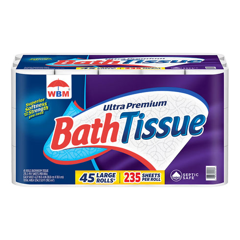 WBM Ultra Premium 2-Ply Toilet Paper, 45 Rolls, 235 Sheets per Roll