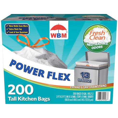 WBM Power Flex Tall Kitchen Drawstring Trash Bags, Fresh Scent (13 gal., 200 ct.)