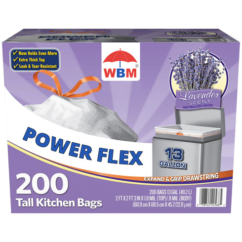 WBM Power Flex Tall Kitchen Drawstring Trash Bags, Lavender Scent 13 gal., 200 ct.