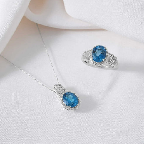 Treated London Blue Topaz and Halo Diamond Ring in 14K Gold