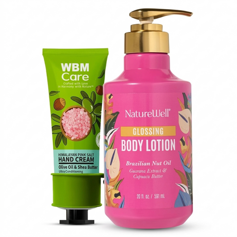 NatureWell Glossing Body Lotion + WBM Care Olive Oil & Shea Butter Hand Cream – Hydrating Body & Hand Care Variety Pack