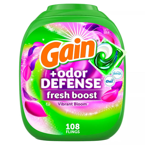 Gain Flings Laundry Detergent Pacs + Oxi and Odor Defense Fresh Boost - Vibrant Bloom, 108 ct.