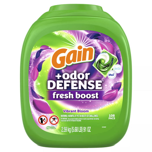 Gain Flings Laundry Detergent Pacs + Oxi and Odor Defense Fresh Boost - Vibrant Bloom, 108 ct.