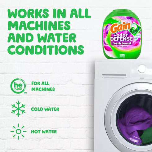 Gain Flings Laundry Detergent Pacs + Oxi and Odor Defense Fresh Boost - Vibrant Bloom, 108 ct.