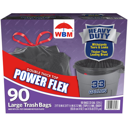 WBM 33-Gallon Power Flex Drawstring Trash Bags 90 ct.