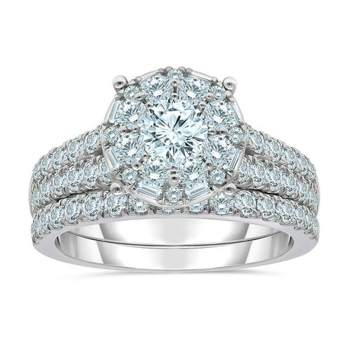 1.95 Carat Round Cut Diamond Cluster Ring and Wedding Band Set in 14K Gold