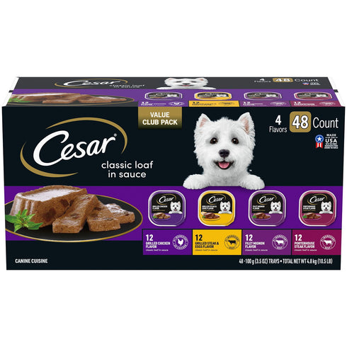 Cesar Classic Loaf in Sauce Wet Dog Food Variety Pack, 3.5 oz Trays, 48-Count – Gourmet Adult Dog Meals