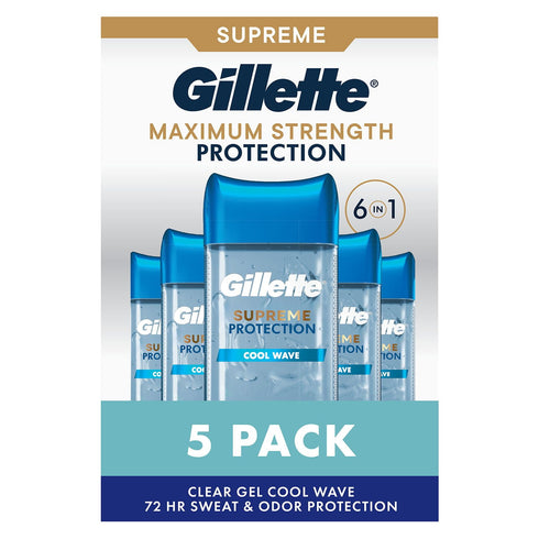 Gillette 6 in 1 Deodorant for Men Clear Gel Antiperspirant, Cool Wave, 3.8 oz., 5 pk