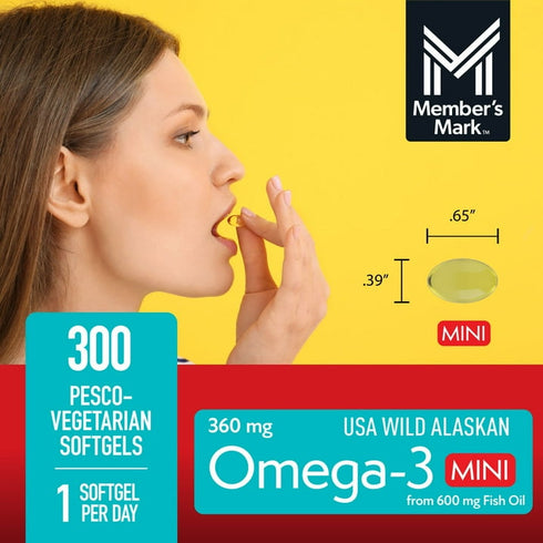 Member’s Mark Omega-3 Fish Oil MINI Softgels, 360 mg per Serving – Heart & Brain Support Supplement (300 Count)