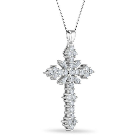 Baguette and Round Cut Diamond Cross Pendant Necklace in 14K Gold