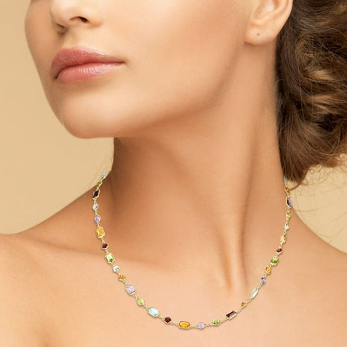 Multi-Gemstone Station Necklace in 14K Gold