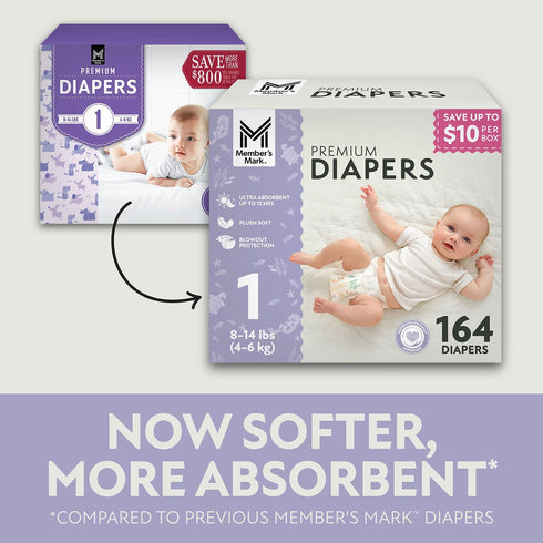 Member's Mark Premium Baby Diapers, Sizes 1 - 7