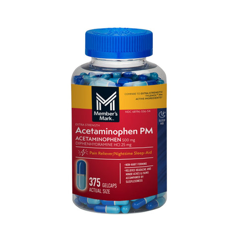 Member's Mark Extra Strength Acetaminophen PM Gelcaps, 375 ct., Pain Relief & Nighttime Sleep Aid