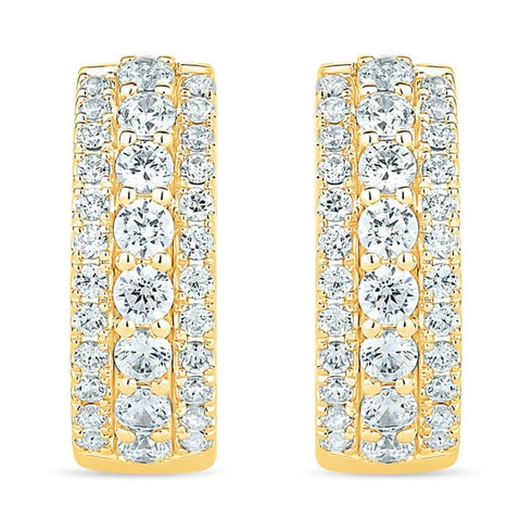 1.00 CTW Three Row Diamond Huggie Hoop Earrings in 14K Gold
