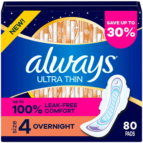 Always Ultra Thin Overnight Pads with Wings, Size 4, 80 ct
