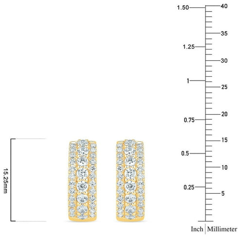 1.00 CTW Three Row Diamond Huggie Hoop Earrings in 14K Gold