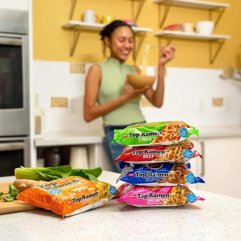 Nissin Top Ramen Chicken Noodle Soup, 3 oz., 24 Pack - Savory Chicken Flavor, Quick & Easy Meal or Snack, Perfect for Home or On-the-Go, Convenient Bulk Pack