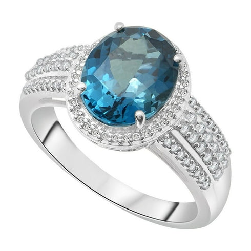 Treated London Blue Topaz and Halo Diamond Ring in 14K Gold