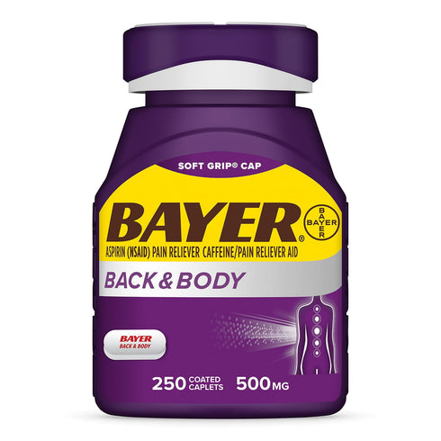 Bayer Back & Body Pain Reliever Caplets with Aspirin 500 mg + Caffeine, Fast-Acting, 250 ct.