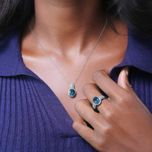 Treated London Blue Topaz and Halo Diamond Ring in 14K Gold