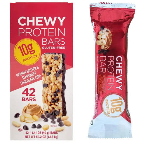 Kirkland Signature Chewy Protein Bar, Peanut Butter & Semisweet Chocolate Chip, 1.41 oz, 42-Count