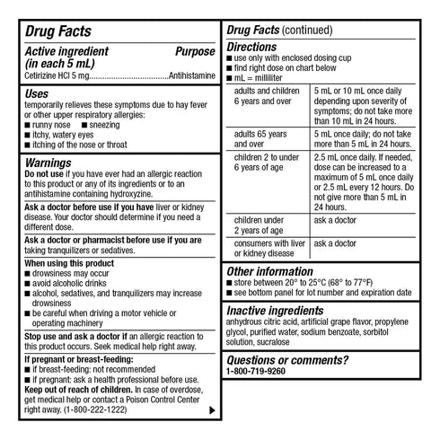 Member's Mark Children's Cetirizine Hydrochloride All Day Allergy Oral Solution, Grape Flavored, 8 fl. oz., 2 pk.