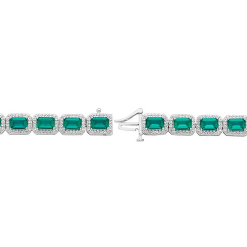 Emerald Cut Lab Created Gemstone Halo Tennis Bracelet in Sterling Silver