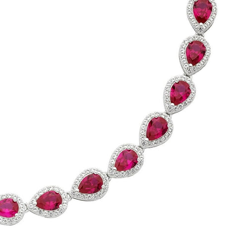 Pear Cut Lab Created Gemstone Halo Tennis Necklace in Sterling Silver