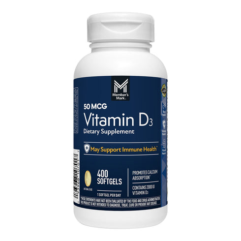 Member’s Mark Vitamin D3 Softgels, 50 mcg (2,000 IU), 400 Count – Supports Bone, Immune & Muscle Health