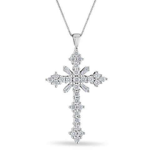 Baguette and Round Cut Diamond Cross Pendant Necklace in 14K Gold