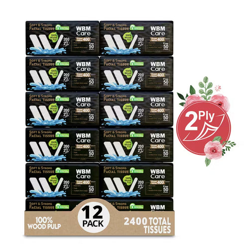 WBM Care Professional Facial Tissues with Rose Fragrance - (Pack of 12) 200 Sheets per Box, Ultra-Soft, White Tissues for Gentle Care
