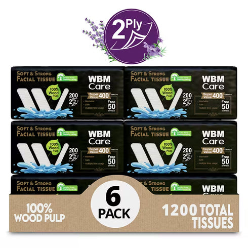 WBM Care Super Soft 2-Ply Facial Tissues with Lavender Fragrance, (Pack of 6) 200 Sheets per Box | 100% Natural Wood Pulp